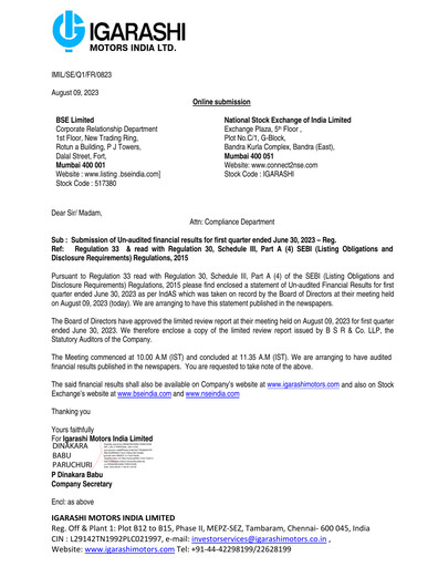 Miniature Igarashi Motors India Rapport trimestriel 2023-q1