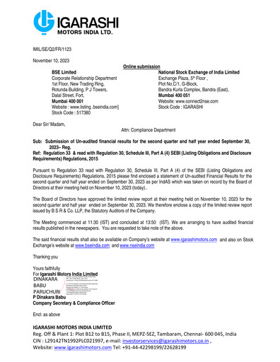 Miniature Igarashi Motors India Rapport trimestriel 2023-q2