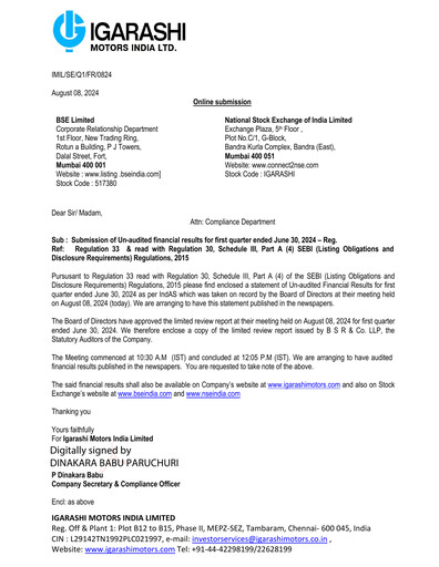 Miniature Igarashi Motors India Rapport trimestriel 2024-q1