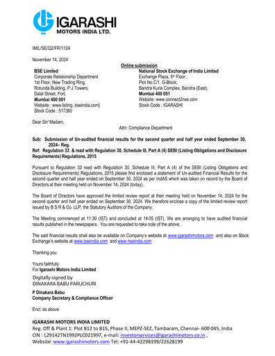 Miniature Igarashi Motors India Rapport trimestriel 2024-q2