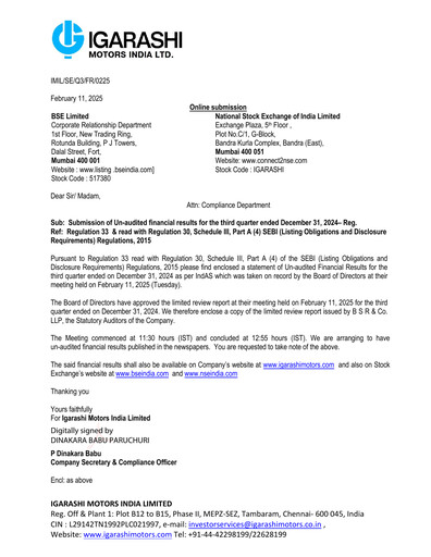 Miniature Igarashi Motors India Rapport trimestriel 2024-q3