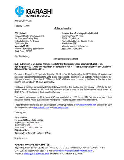 Miniature Igarashi Motors India Rapport trimestriel 2025-q3