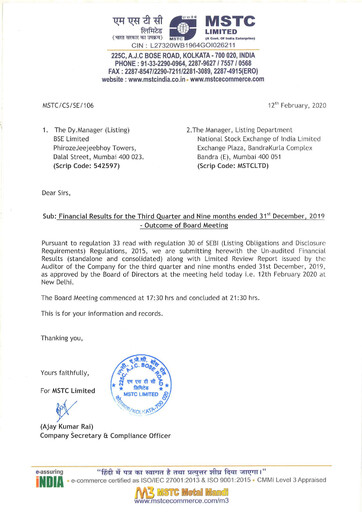 Thumbnail MSTC Limited
 Quarterly Report 2019-q3