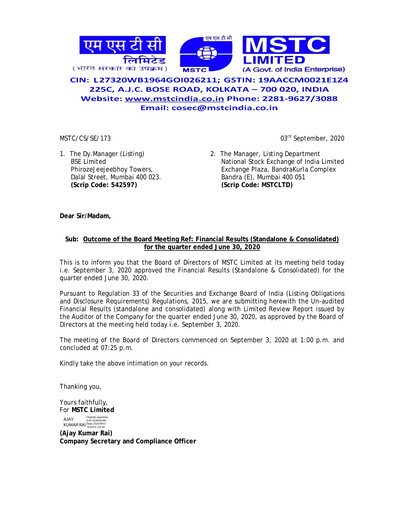 Thumbnail MSTC Limited
 Quarterly Report 2020-q1