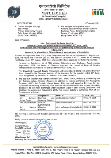 Thumbnail MSTC Limited
 Quarterly Report 2023-q1