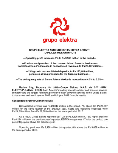 Thumbnail Grupo Elektra
 Quarterly Report 2018-q4