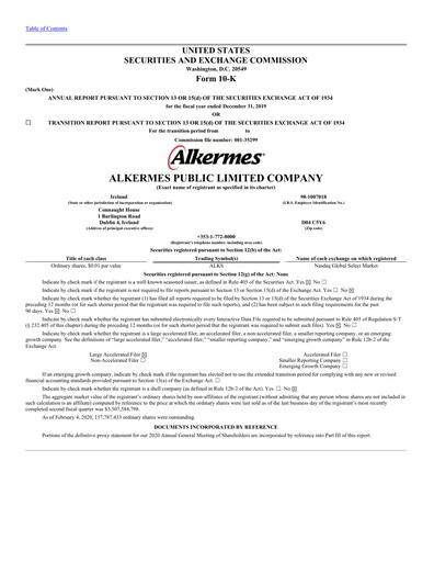 Miniature Alkermes Rapport annuel 2019