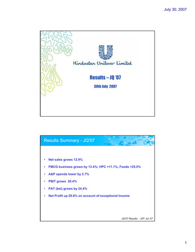 Thumbnail Hindustan Unilever
 Financial Statement 2007-h1