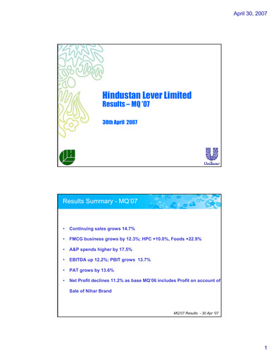 Thumbnail Hindustan Unilever
 Financial Statement 2007-q1