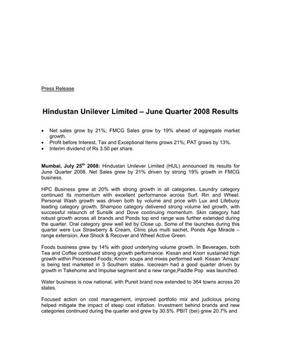 Thumbnail Hindustan Unilever
 Financial Statement 2008-h1