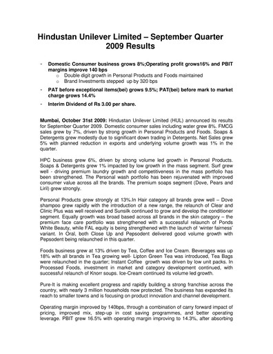 Thumbnail Hindustan Unilever
 Financial Statement 2009-9m