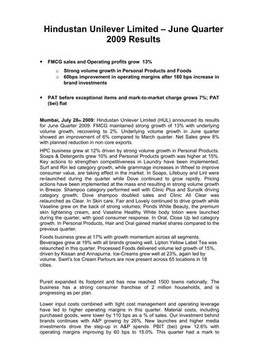 Thumbnail Hindustan Unilever
 Financial Statement 2009-h1