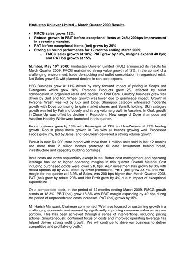 Thumbnail Hindustan Unilever
 Financial Statement 2009-q1