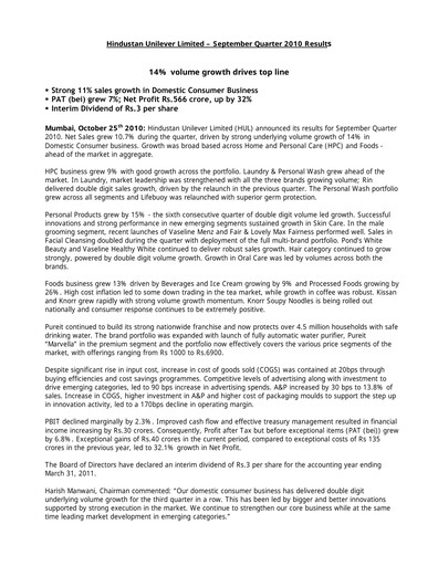 Thumbnail Hindustan Unilever
 Financial Statement 2010-9m