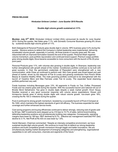 Thumbnail Hindustan Unilever
 Financial Statement 2010-h1