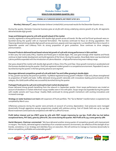 Thumbnail Hindustan Unilever
 Financial Statement 2011