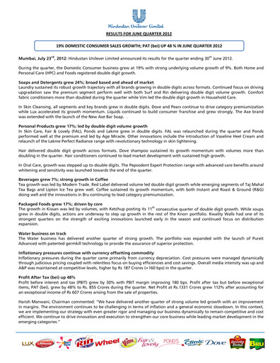 Thumbnail Hindustan Unilever
 Financial Statement 2012-h1