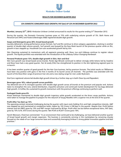Thumbnail Hindustan Unilever
 Financial Statement 2012