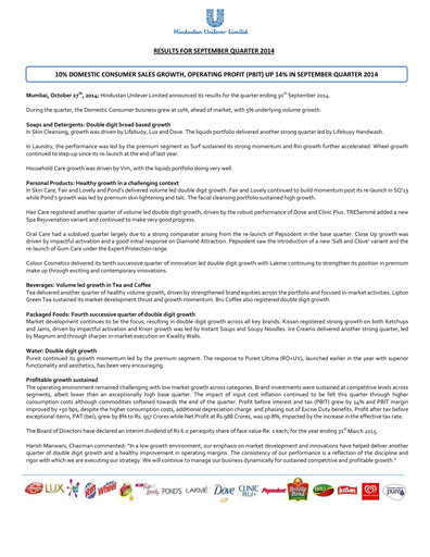 Thumbnail Hindustan Unilever
 Financial Statement 2014-9m