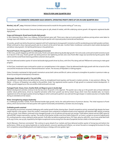 Thumbnail Hindustan Unilever
 Financial Statement 2014-h1