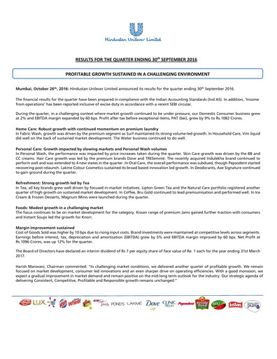 Thumbnail Hindustan Unilever
 Financial Statement 2016-9m