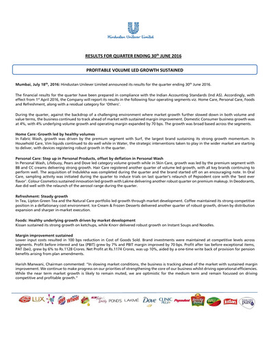 Thumbnail Hindustan Unilever
 Financial Statement 2016-h1