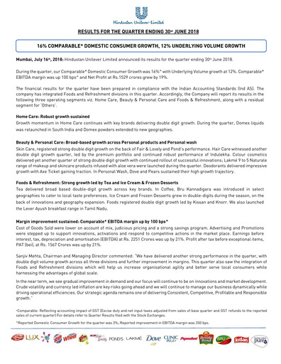 Thumbnail Hindustan Unilever
 Financial Statement 2018-h1