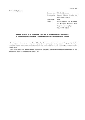 Thumbnail Mitsubishi Corporation Financial Statement 2024-q1
