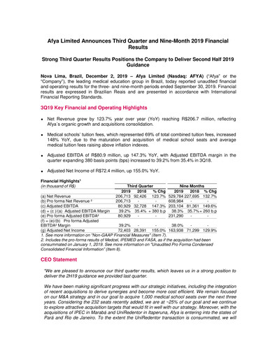Miniature Afya
 Rapport trimestriel 2019-q3