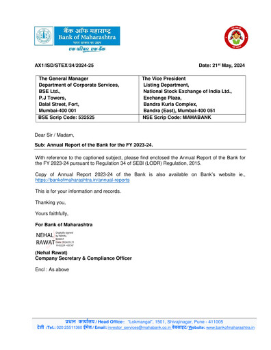 Thumbnail Bank of Maharashtra
 Annual Report 2023-2024
