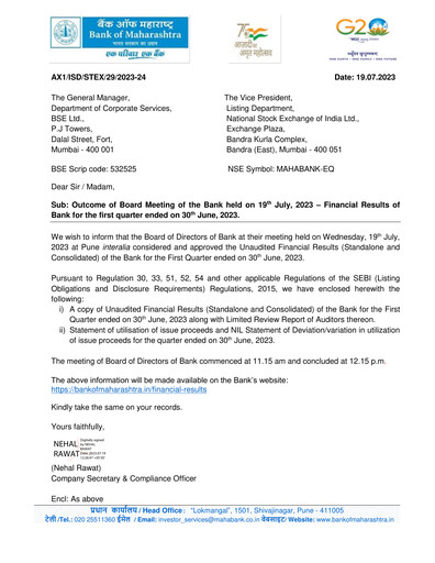 Vorschaubild Bank of Maharashtra
 Quartalsbericht 2023-q1