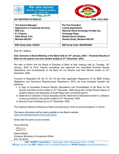 Vorschaubild Bank of Maharashtra
 Quartalsbericht 2023-q3