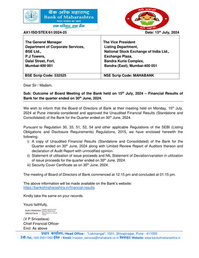 Vorschaubild Bank of Maharashtra
 Quartalsbericht 2024-q1