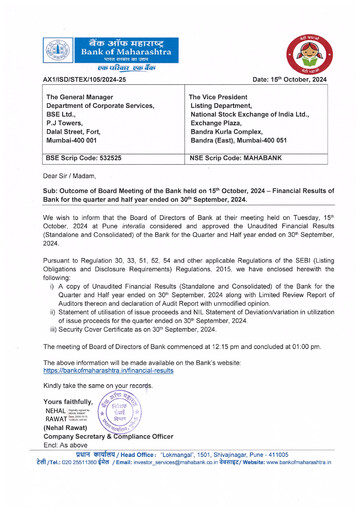 Vorschaubild Bank of Maharashtra
 Quartalsbericht 2024-q2