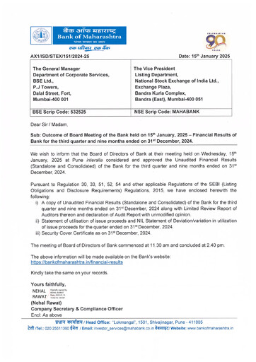 Vorschaubild Bank of Maharashtra
 Quartalsbericht 2024-q3