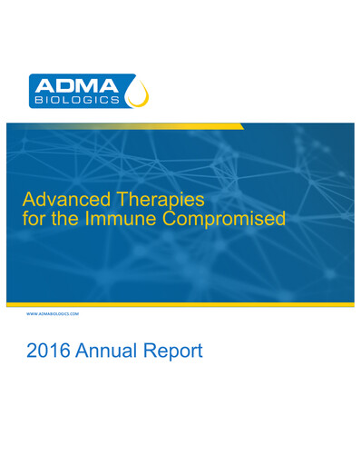 Vorschaubild ADMA Biologics
 Jahresbericht 2016