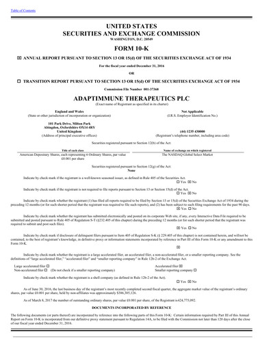 Thumbnail Adaptimmune Therapeutics Annual Report 2016