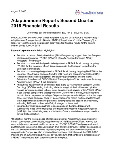 Thumbnail Adaptimmune Therapeutics Quarterly Report 2016-q2