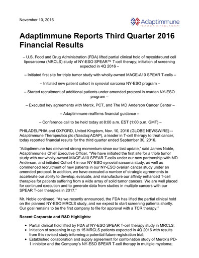 Thumbnail Adaptimmune Therapeutics Quarterly Report 2016-q3