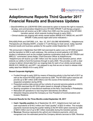 Thumbnail Adaptimmune Therapeutics Quarterly Report 2017-q3