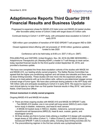 Thumbnail Adaptimmune Therapeutics Quarterly Report 2018-q3