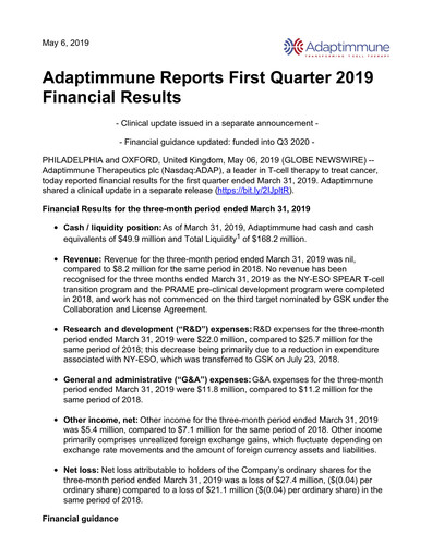 Thumbnail Adaptimmune Therapeutics Quarterly Report 2019-q1