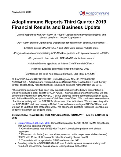 Thumbnail Adaptimmune Therapeutics Quarterly Report 2019-q3