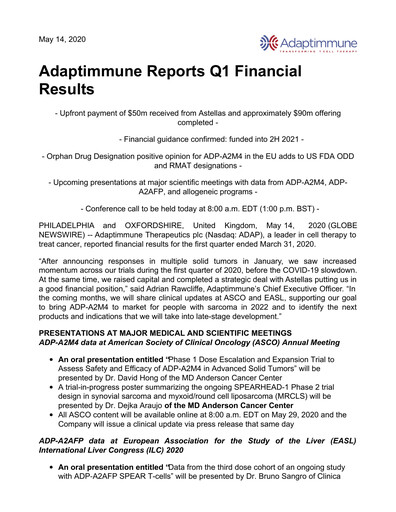 Thumbnail Adaptimmune Therapeutics Quarterly Report 2020-q1
