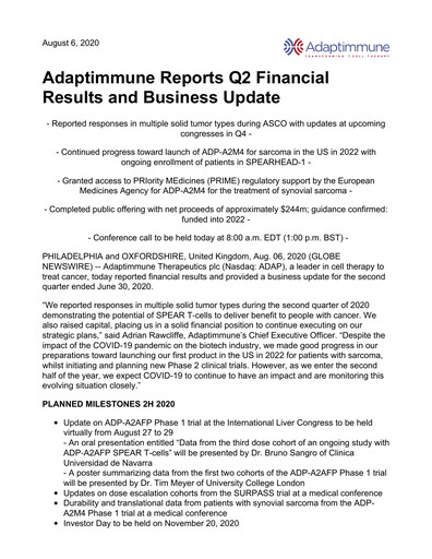 Thumbnail Adaptimmune Therapeutics Quarterly Report 2020-q2