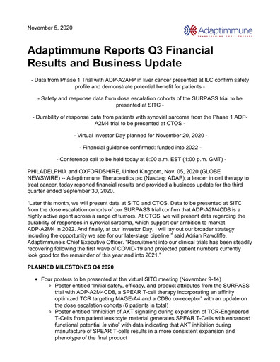 Thumbnail Adaptimmune Therapeutics Quarterly Report 2020-q3