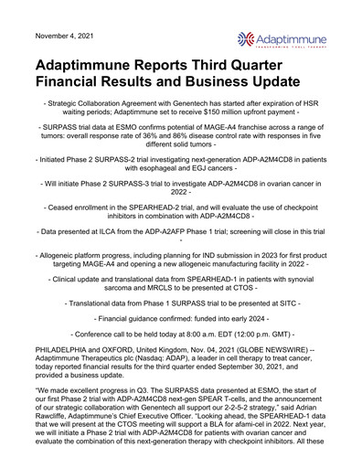 Thumbnail Adaptimmune Therapeutics Quarterly Report 2021-q3