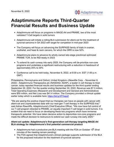 Thumbnail Adaptimmune Therapeutics Quarterly Report 2022-q3