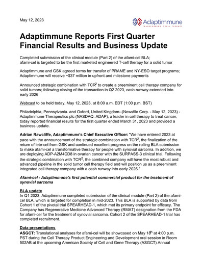 Thumbnail Adaptimmune Therapeutics Quarterly Report 2023-q1