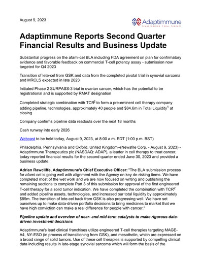 Thumbnail Adaptimmune Therapeutics Quarterly Report 2023-q2